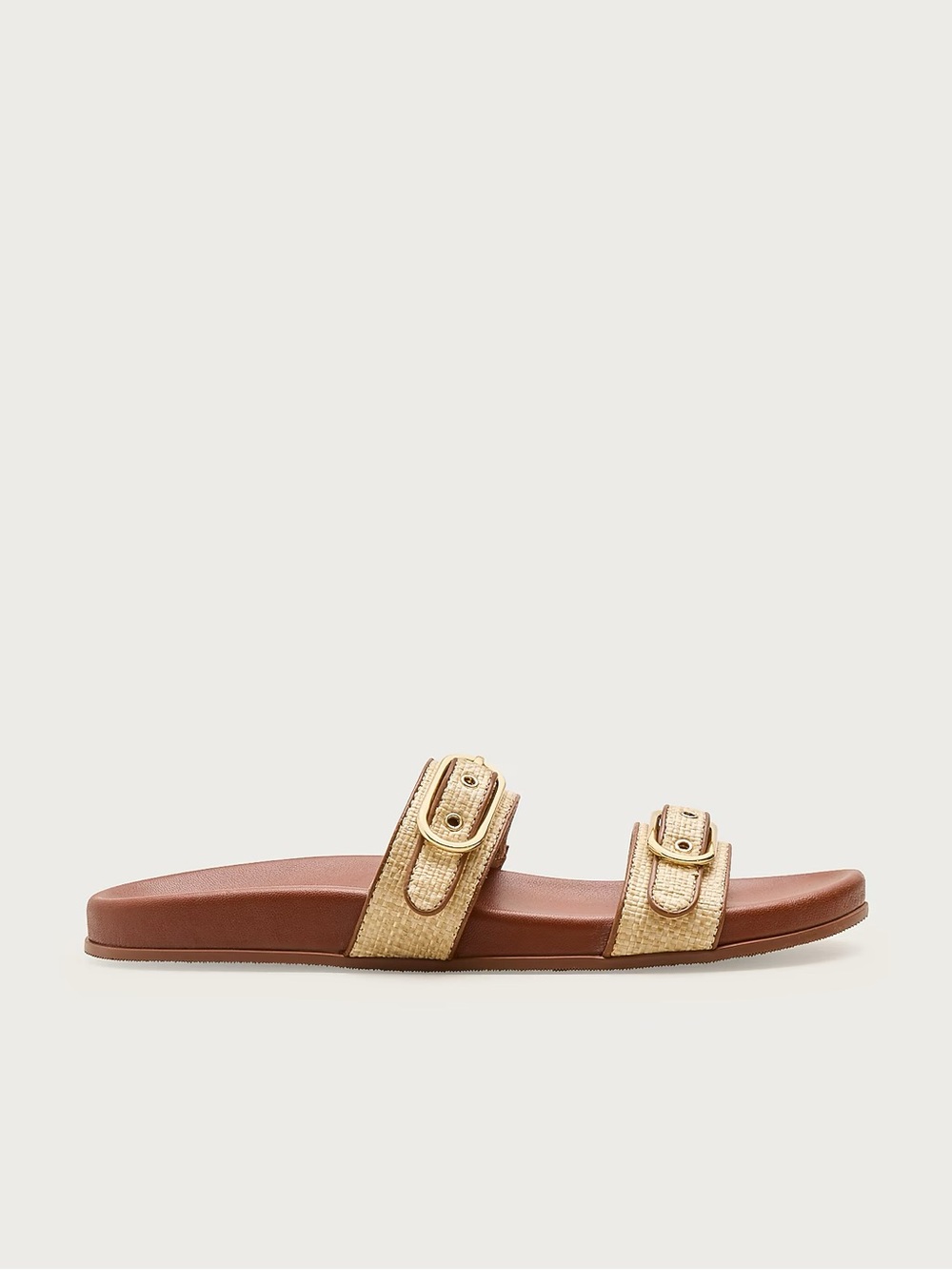J. Crew Brown Leather Slide Sandals with Beige Woven Straps - Picture 2 of 3